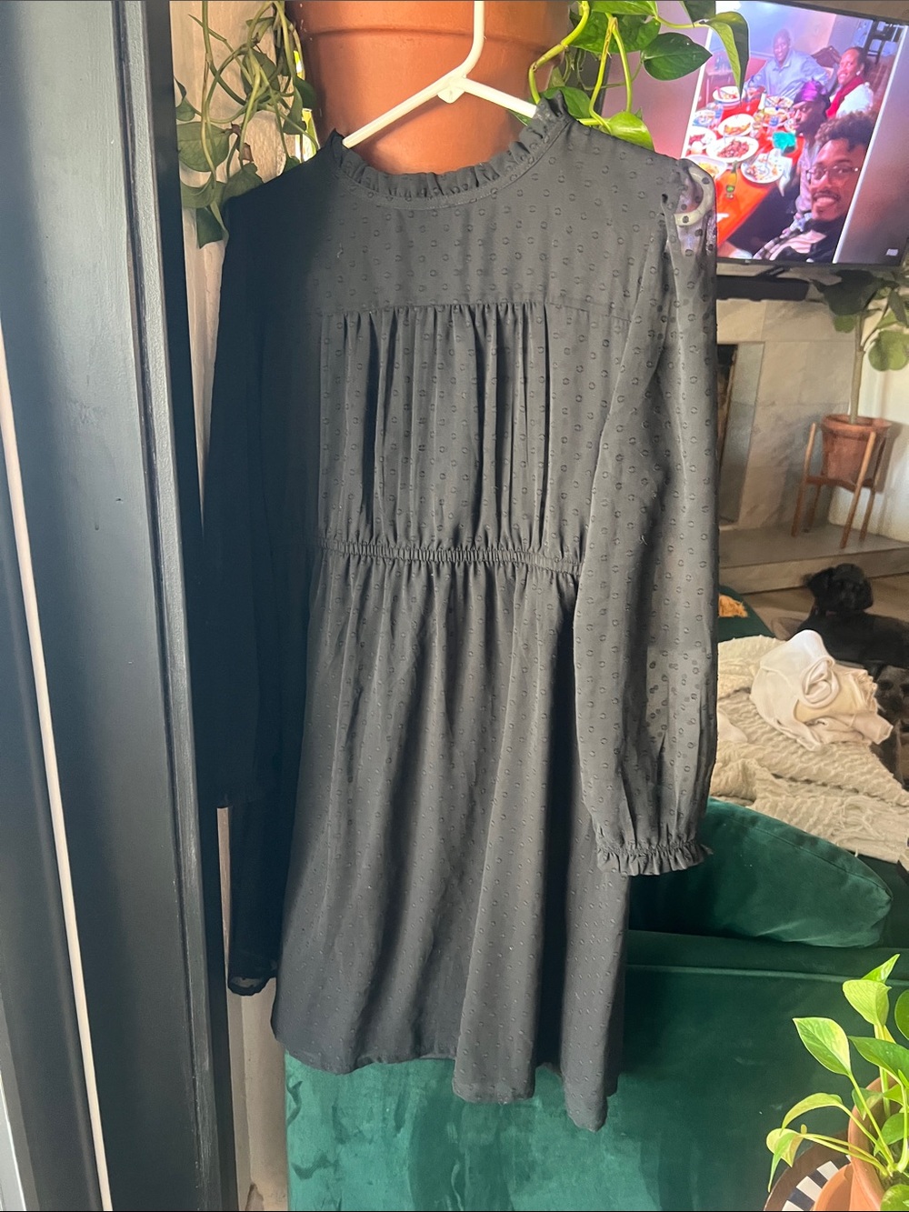 wonder nation Black Swiss Dot Long Sleeve Casual Dress